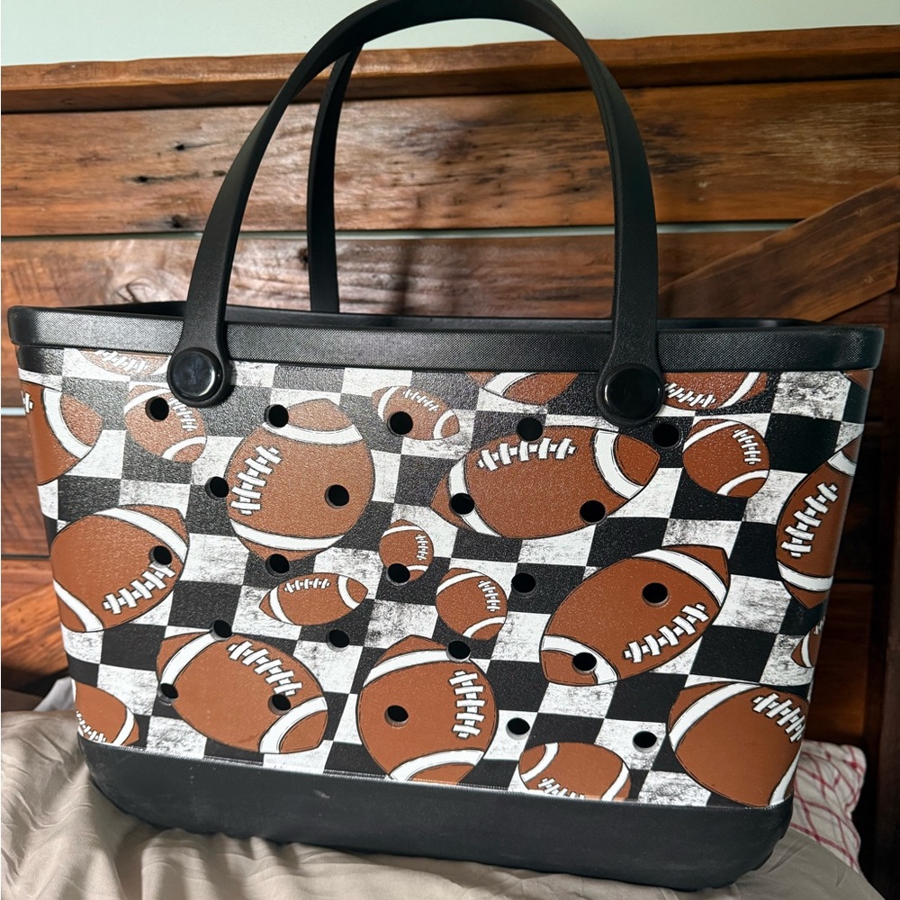 Football Print Tote Bag in Brown and Black
